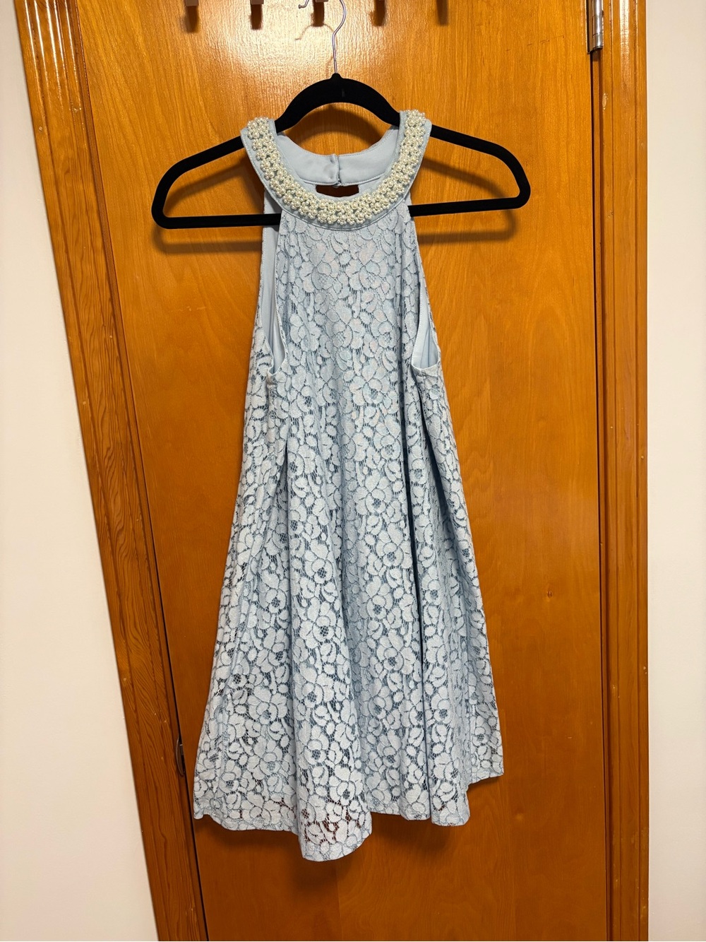 Altar'd State Light Blue Lace Halter Dress with Beaded Collar